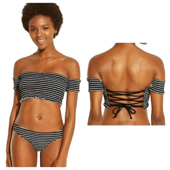 Xhilaration Shirred Stripe Smocked Off-The-Shoulder Lace Up Corset Back Swim Top - Picture 1 of 10